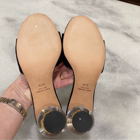 KATE SPADE NY Polished Black Suede Open Toe Snow Globe Clear Ball Heel Sandals - Picture 12 of 13